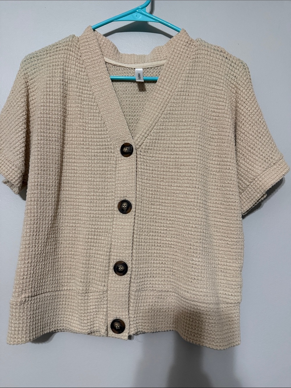Beige Waffle-Knit Short Sleeve Button Cardigan